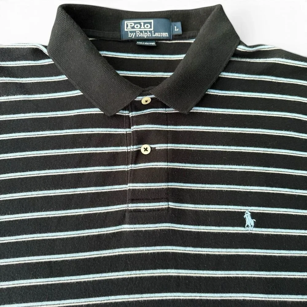 VTG Ralph Lauren Polo Men L Blue Striped Black Trim Soft Cotton Pony Golf Shirt